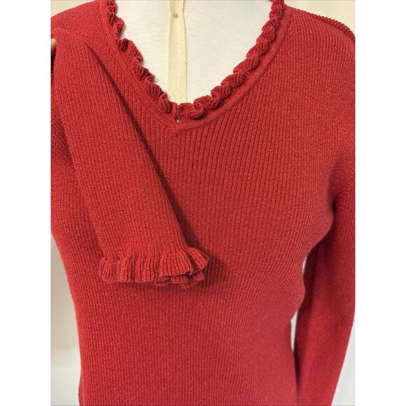 Y2K Vintage Liz Claiborne Red Shimmer Ruffle Trim Holiday Sweater L - Picture 4 of 13